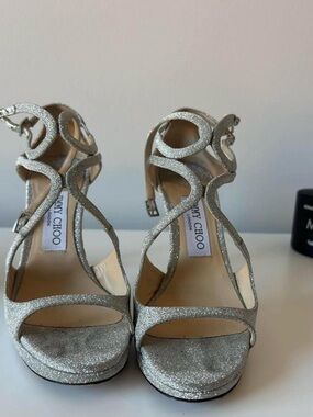 Jimmy Choo Silver Glitter Open-Toe Strappy High Heels